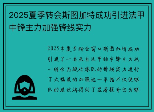 2025夏季转会斯图加特成功引进法甲中锋主力加强锋线实力