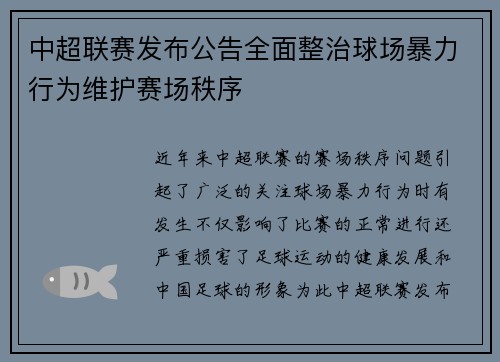 中超联赛发布公告全面整治球场暴力行为维护赛场秩序