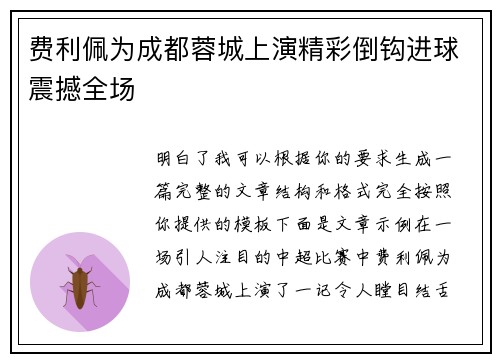 费利佩为成都蓉城上演精彩倒钩进球震撼全场