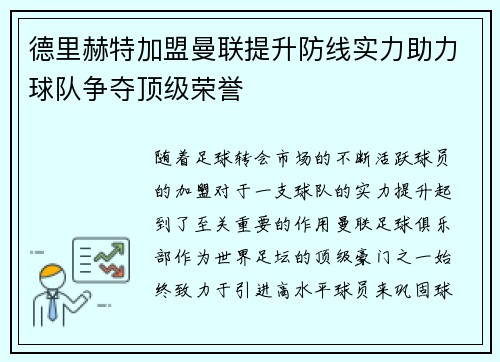 德里赫特加盟曼联提升防线实力助力球队争夺顶级荣誉 德里赫特加盟曼联提升防线实力助力球队争夺顶级荣誉